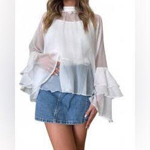 FORE Sheer shimmery ruffled blouse NWOT